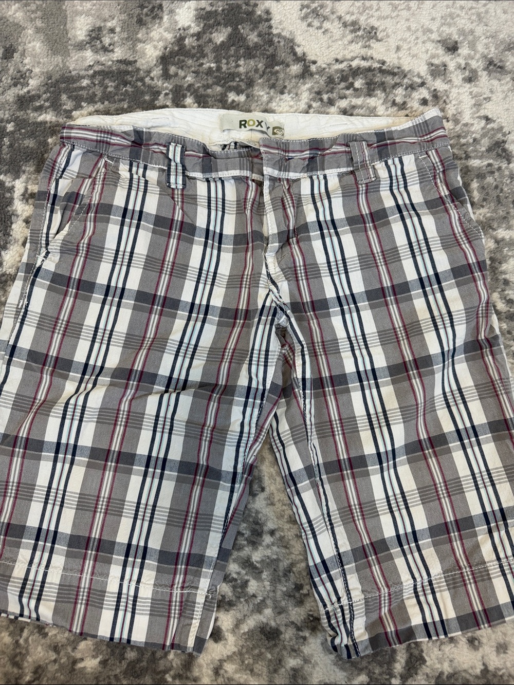 Roxy Gray Plaid Chino Shorts with Navy & Burgundy Stripes